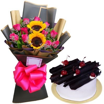 12 Pink Roses 2 Sunflowers Bouquet with Black Forest Cake