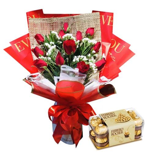12 Red Roses with 16 Pcs Ferrero Rocher Chocolates