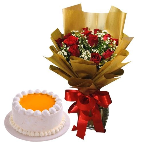 12 Red Roses Bouquet with Goldilocks Mango Cake