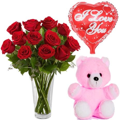 12 Red Roses Vase, Teddy Bear & Heart Shape Balloon