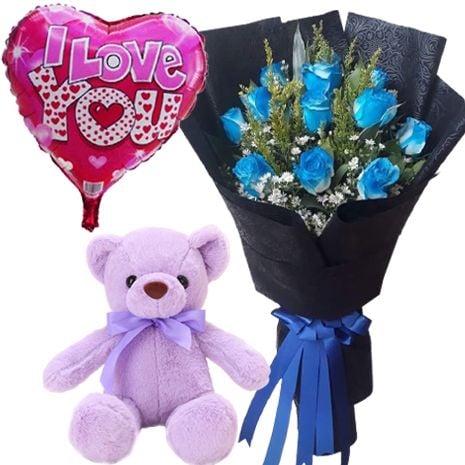 12 Blue Roses, Teddy Bear with I Love u Balloon