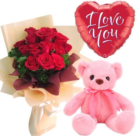 12 Red Roses,Small Bear with I Love U Balloon
