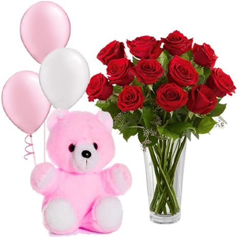 12 Red Roses, Bear 3 Latex Balloon
