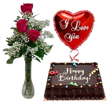 3 Red Rose in Vase, Chocolate Cake & I Love U Balloon
