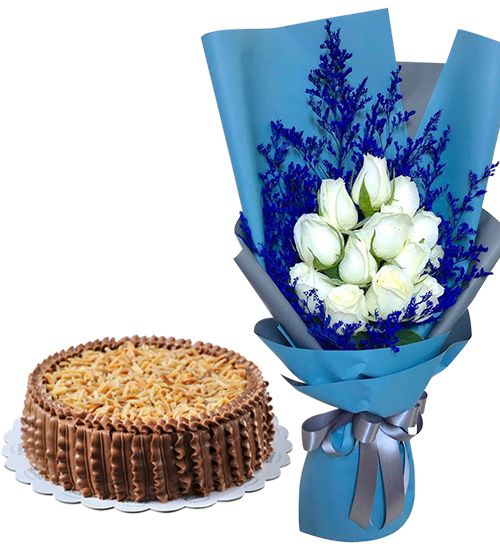 1 Dozen White Rose With Almond Choco Cake by Contis Cake