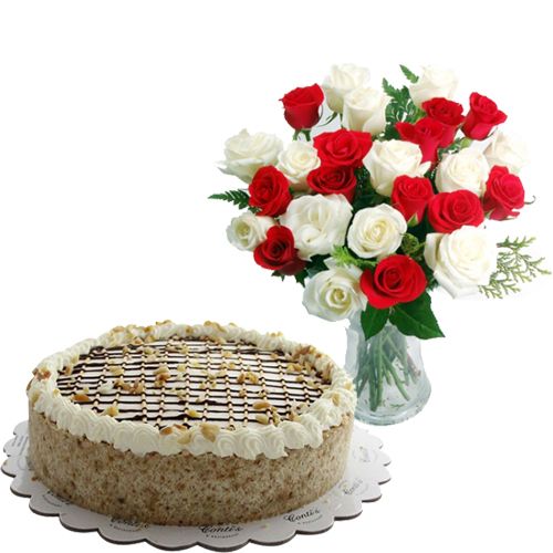 24pcs Red & White Rose in Vase With Bananalicious Pie by Contis Cake