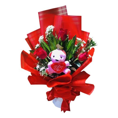 3 Red Pieces Rose with Free Bear