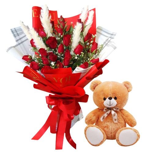 24pcs Red Rose Bouquet With Small Bear