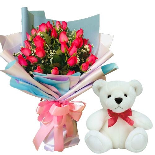 24pcs Red Rose Bouquet With Small Bear