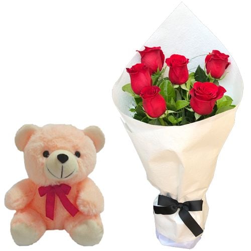 6pcs Red Rose Bouquet With Small Teddy