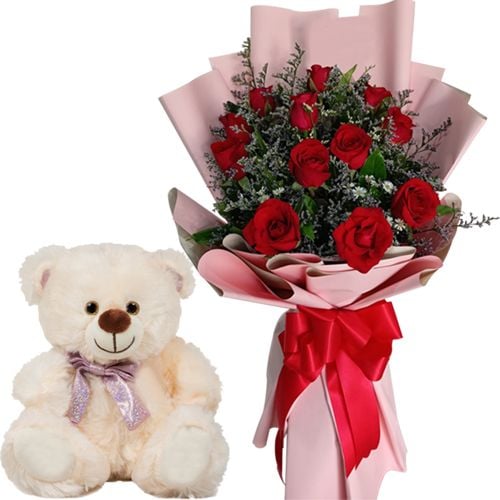 A Dozen Red Rose Bouquet With Cute Small Teddy Bear