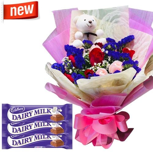 12Pcs Red & Pink Rose Bouquet With Mini Teddy & Dairy Milk Chocolate: