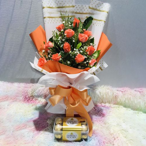 1 Dozen Orange Rose with Ferrero Rocher Chocolate
