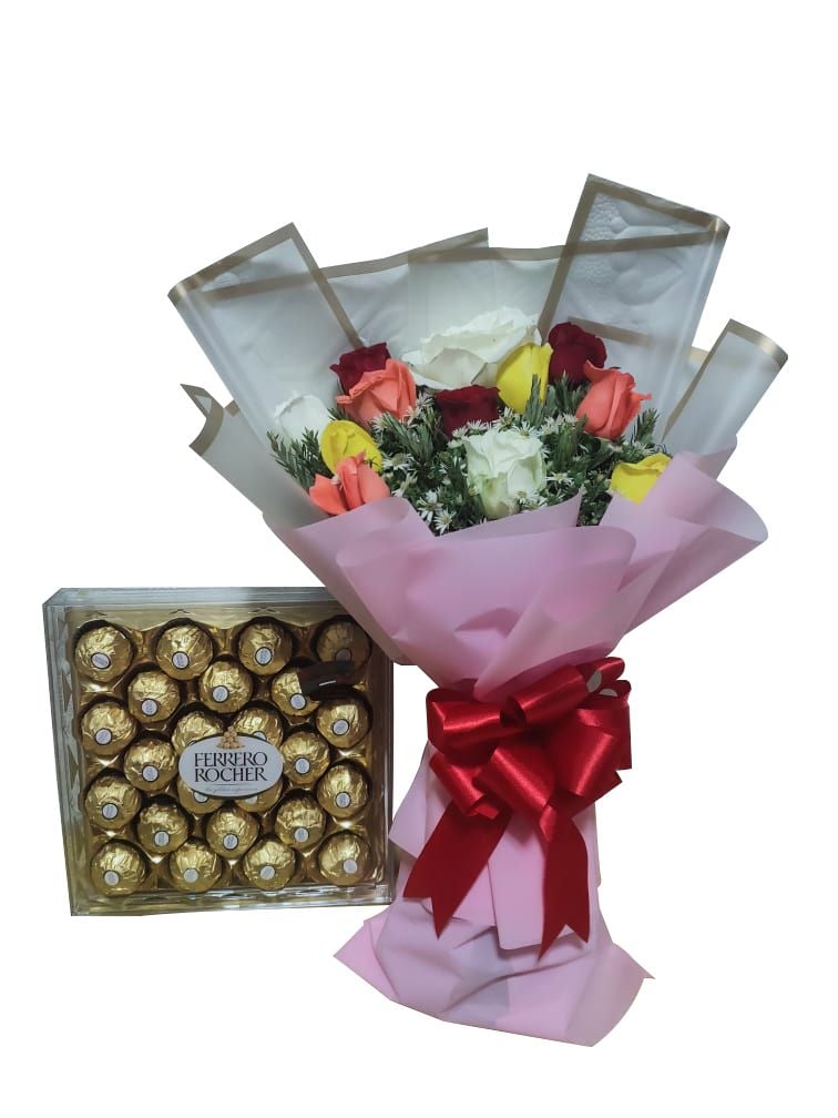 12 PCS Mixed Color Rose Bouquet With Ferrero Chocolate