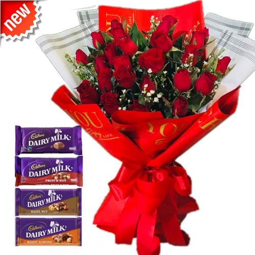 24Pcs Red Rose Bouquet With Cadbury Chocolate