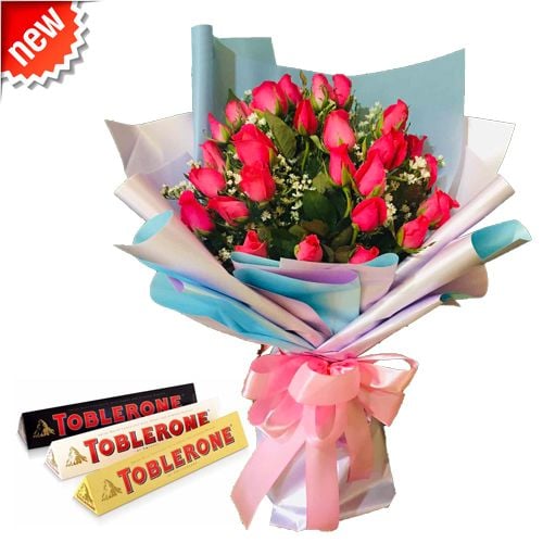24Pcs Red Rose Bouquet With 3 Bar Toblerone Chocolate