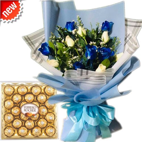 12 White & Blue Roses with Ferrero Chocolate