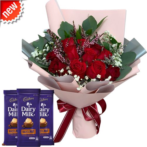 A Dozen Of Red Roses With 3pcs Cadbury Dairy Milk Hazel Nut