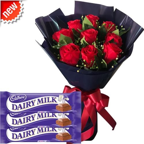 9pcs Red Roses in a Bouquet With 3pcs Cadbury Dairy Milk Pack