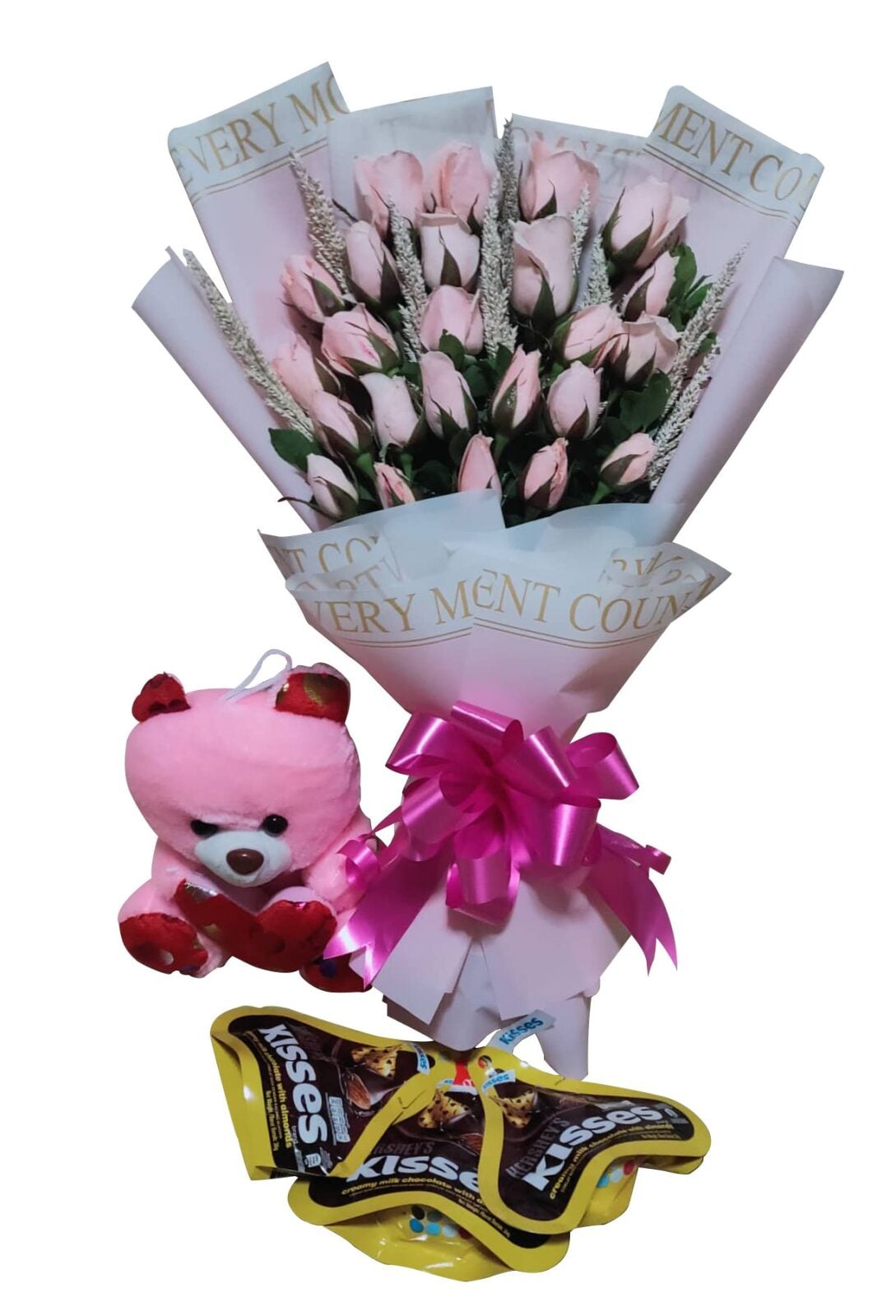 24 Peach Rose with Small Bear & Kisses Chocolate