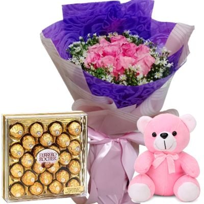 12 Pink Roses Bouquet, Teddy Bear & 24 Ferrero Box