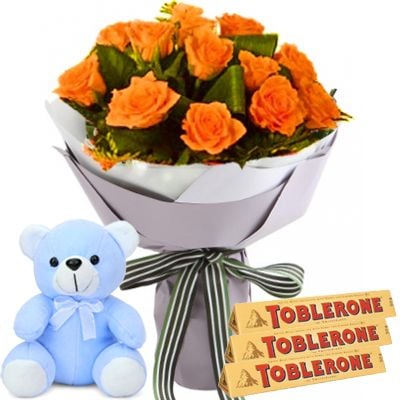 2 Dozen Orange Roses, Teddy Bear with 3 Toblerone