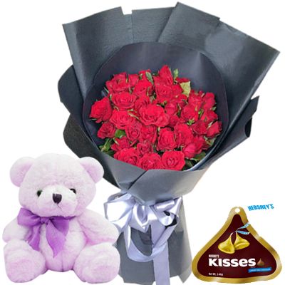 36 Red Roses Bouquet, Bear & 100g. Hershey's Kisses