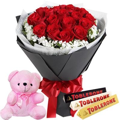 12 Red Roses, Teddy Bear & Toblerone Chocolate
