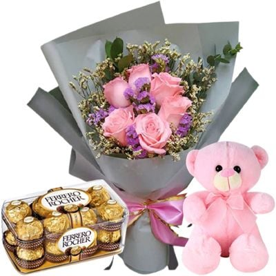 6 Pink Roses Bouquet, Teddy Bear, 16 Ferrero Box