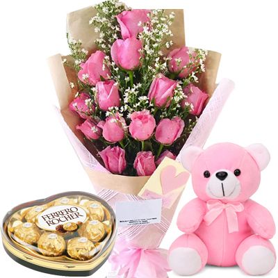2 Dozen Roses, Teddy Bear & Ferrero Heart