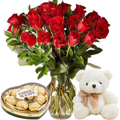 24 Red Rose in Vase, Tdddy & Chocolate