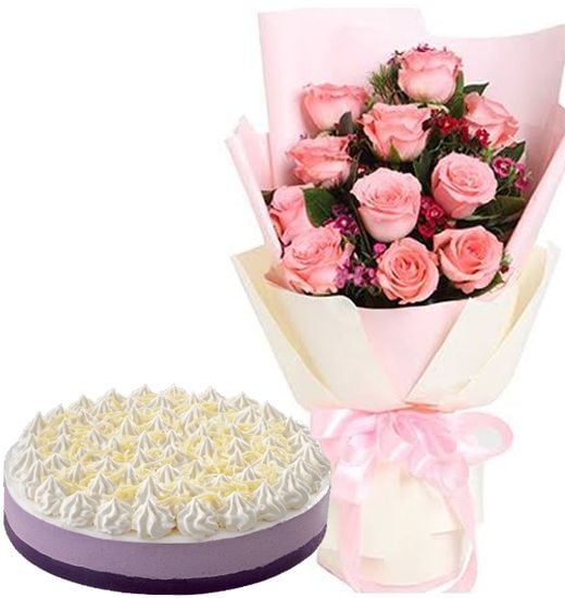12 Pink Roses Bouquet & Red Ribbon Ube Mousse Cake
