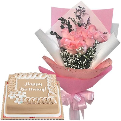 12 Pink Roses with Creamy Caramel Cake by Red Ribbon