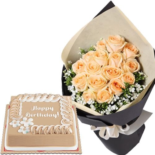 12 Peach Roses with Creamy Caramel Cake by Red Ribbon