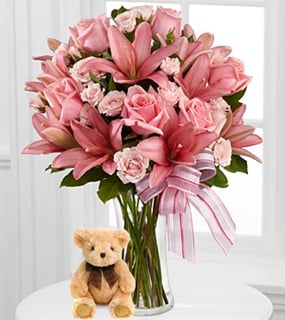 Pink Paradise (24 Roses + 6 Lilies + Teddy Bearus)