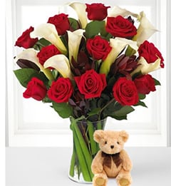 By Your Side (12 Roses + 3 Calla Lilies + Teddy Bearus)