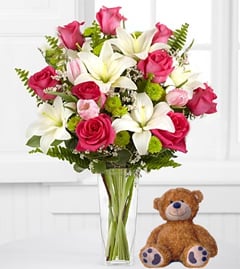 Hugs From Far Away (15 Roses + Teddy Bear (Bouquet)Us)