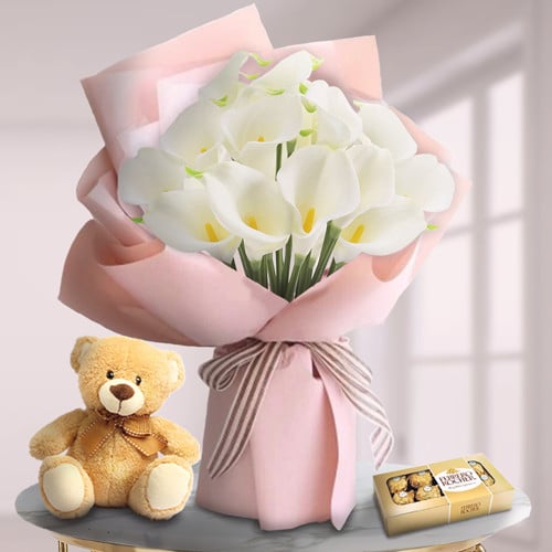 Unforgettable Moments (36 Calla Lilies + Teddy Bear + Chocolate)