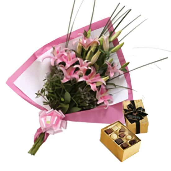 Lilies for Her (4 Lilies stems + Box of Chocolates)