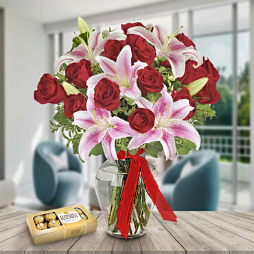 Heart Of Chocolate (12 Roses + 2 Stems of Lilies)