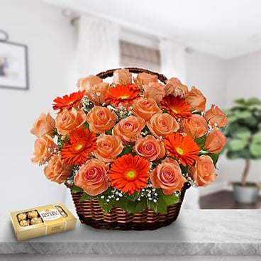 Basket To Love (12 Roses + 3 Gerberas + CHOCOLATES)