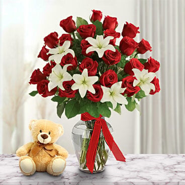 Passion Flowers (12 Roses + 3 Lily Stems + Teddy Bear)