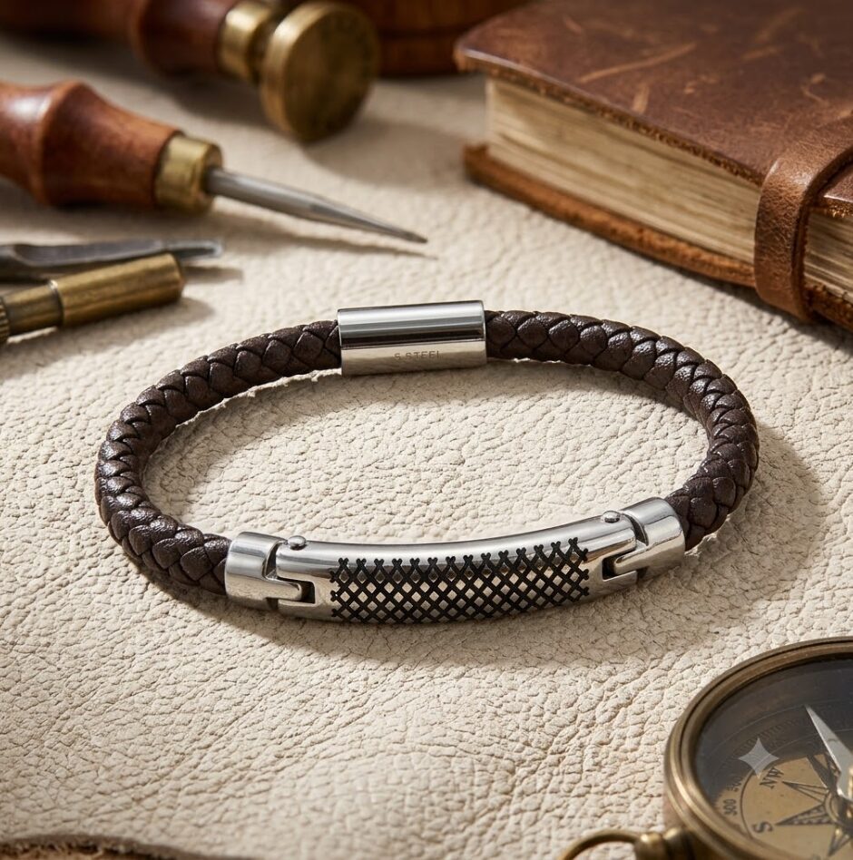 EQ For Men Leather Herringbone Bracelet – Brown Wristband