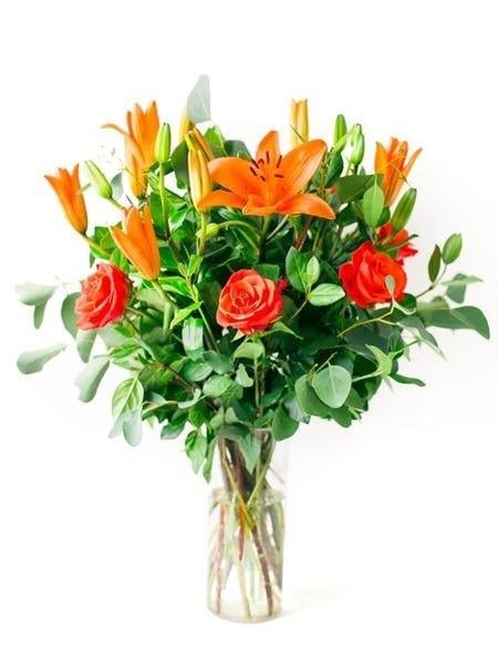 Lilies and Roses in a Vase (Small (6 Roses & 6 Lilies) (As Shown))