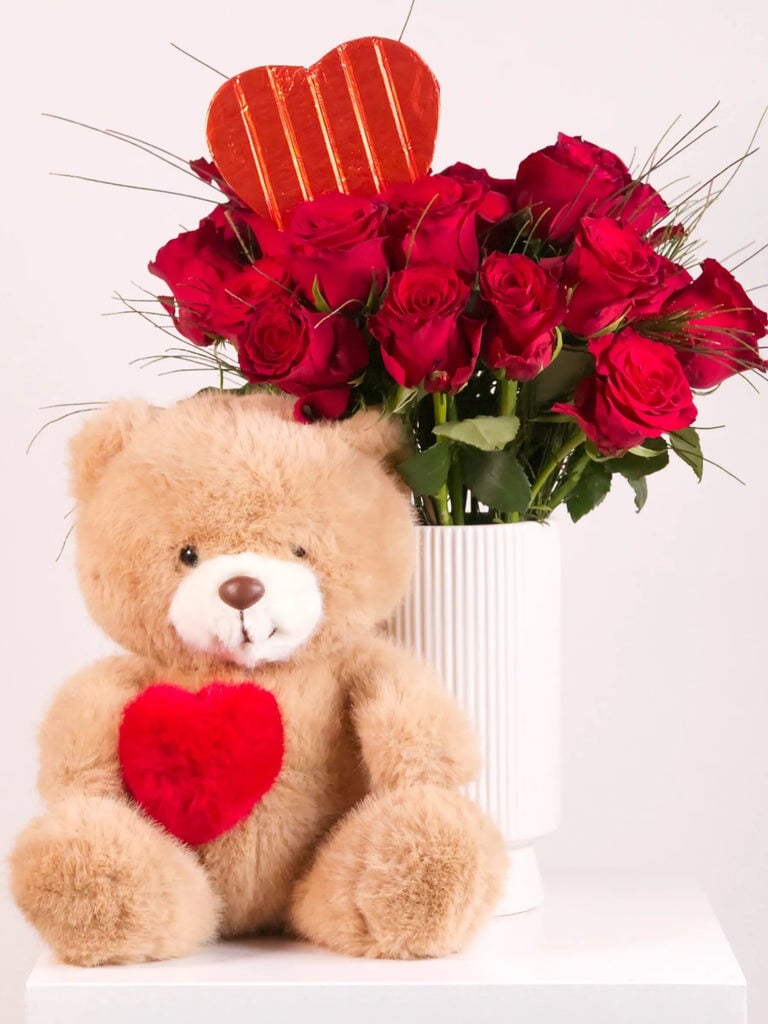 Dozen Red Rose Bouquet with Heart Chocolate & Teddy (Single (12 Roses))