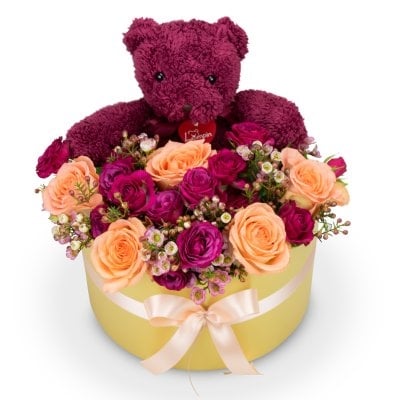 Box of flowers Pink Teddy (Medium)