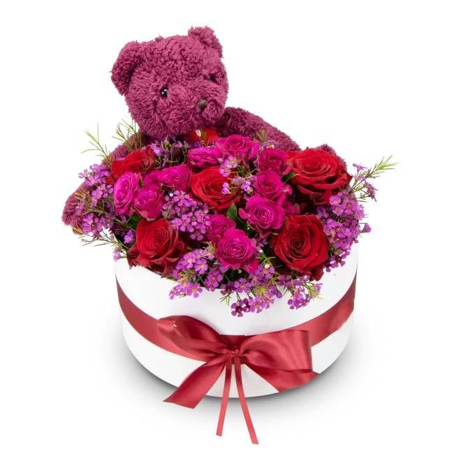 Box of flowers – Magenta Teddy (Medium)