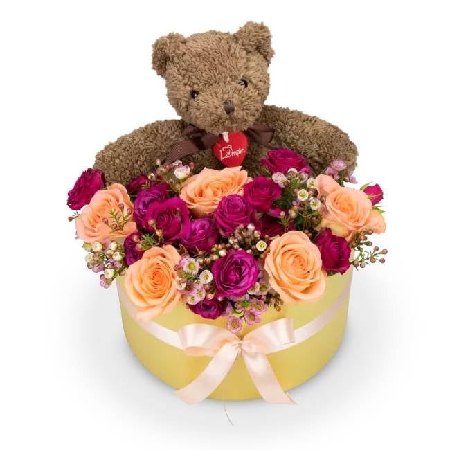 Box of flowers – Fuzz Teddy (Medium)