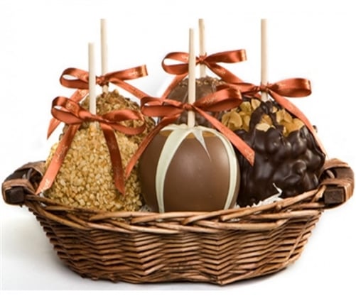 Five Caramel Apples in a Basket