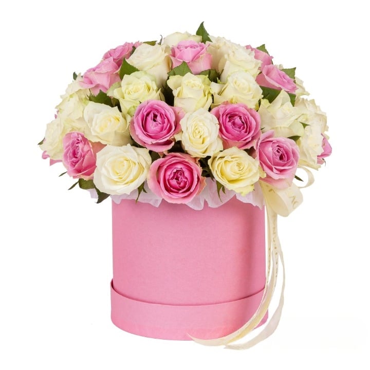 Elegant Pink and White Roses in a Hat Box